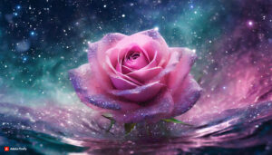 Firefly Pink florescent rose Flower made of galaxy stars under the water surface on a color backgr 3