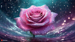 Firefly Pink florescent rose Flower made of galaxy stars under the water surface on a color backgr