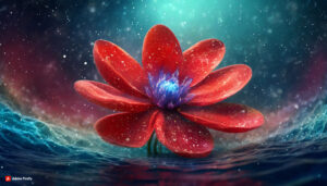 Firefly Red Flower made of galaxy stars under the water surface on a color background abstract su 1