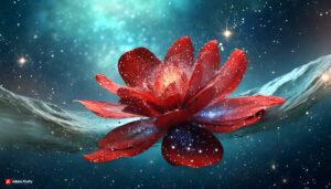 Firefly Red Flower made of galaxy stars under the water surface on a color background abstract su 2