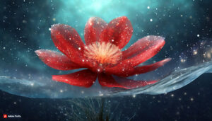 Firefly Red Flower made of galaxy stars under the water surface on a color background abstract su