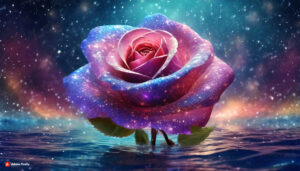 Firefly Rose Flower made of galaxy stars under the water surface on a color background abstract s 1