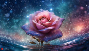 Firefly Rose Flower made of galaxy stars under the water surface on a color background abstract s 11
