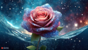 Firefly Rose Flower made of galaxy stars under the water surface on a color background abstract s