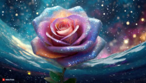 Firefly Rose Flower made of galaxy stars under the water surface on a color background abstract s 4