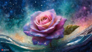 Firefly Rose Flower made of galaxy stars under the water surface on a color background abstract s 7