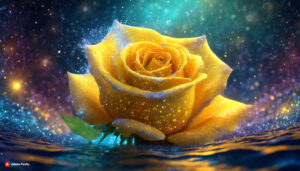 Firefly Yellow rose Flower made of galaxy stars under the water surface on a color background abs 1