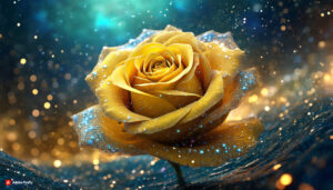 Firefly Yellow rose Flower made of galaxy stars under the water surface on a color background abs 2