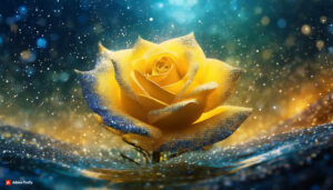 Firefly Yellow rose Flower made of galaxy stars under the water surface on a color background abs 3