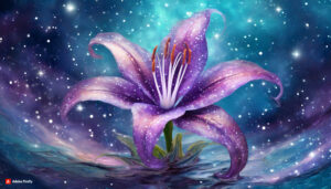 Firefly purple lily Flower made of galaxy stars under the water surface on a color background abs 3