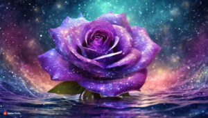 Firefly purple rose Flower made of galaxy stars under the water surface on a color background abs 1