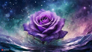 Firefly purple rose Flower made of galaxy stars under the water surface on a color background abs 3
