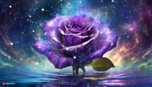 Firefly purple rose Flower made of galaxy stars under the water surface on a color background abs 4