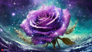 Firefly purple rose Flower made of galaxy stars under the water surface on a color background abs 6
