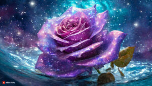 Firefly purple rose Flower made of galaxy stars under the water surface on a color background abs 7