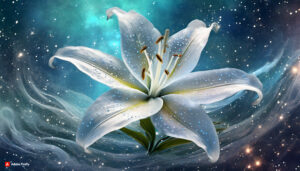 Firefly white florescent lily Flower made of galaxy stars under the water surface on a color backg 2