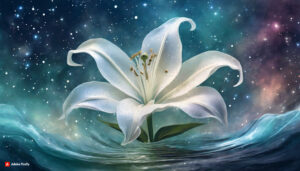 Firefly white florescent lily Flower made of galaxy stars under the water surface on a color backg 3