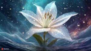 Firefly white florescent lily Flower made of galaxy stars under the water surface on a color backg