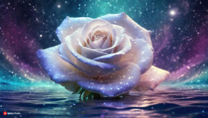 Firefly white florescent rose Flower made of galaxy stars under the water surface on a color backg 1