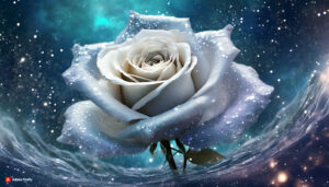 Firefly white florescent rose Flower made of galaxy stars under the water surface on a color backg 2