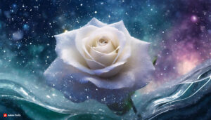 Firefly white florescent rose Flower made of galaxy stars under the water surface on a color backg 3
