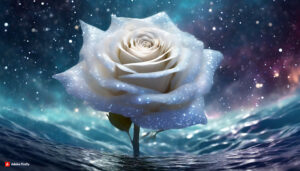 Firefly white florescent rose Flower made of galaxy stars under the water surface on a color backg
