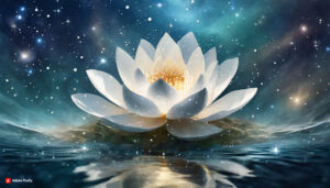Firefly white lotus Flower made of galaxy stars under the water surface on a color background abs 3