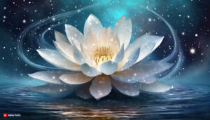 Firefly white lotus Flower made of galaxy stars under the water surface on a color background abs