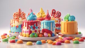 delia wright 3d animation style colorful set of candy cakes cake set isolat 0