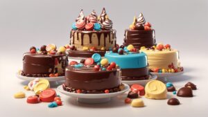 delia wright 3d animation style colorful set of chocolate candy cakes cake 0