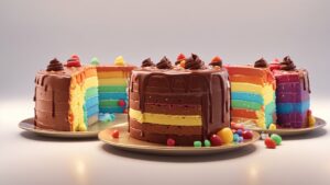 delia wright 3d animation style colorful set of chocolate rainbow cakes cak 0