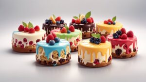 delia wright 3d animation style colorful set of fruit cakes cake set isolat 0