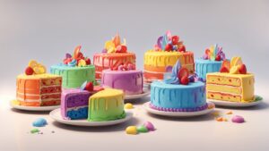 delia wright 3d animation style colorful set of rainbow cakes cake set isol 0