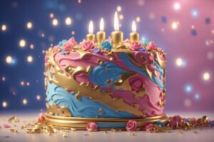 delia wright 3d animation style pink gold and blue birthday cake light colo 0 1