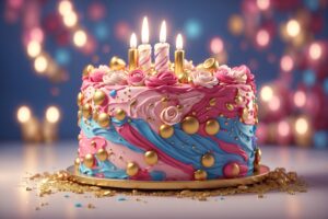 delia wright 3d animation style pink gold and blue birthday cake light colo 0