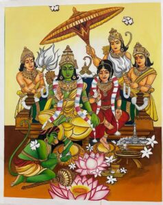 lord ram darbar original hand made painting on canvas showing ram sita laxman bharat shatrunghan and lord hanuman 48 by 36 inche only canvas
