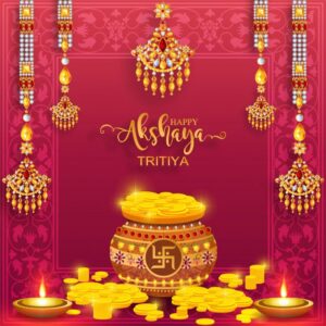 Premium Vector Happy akshaya tritiya festival card with gold and crystals on paper color background